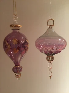 Ornamenti lanterna vetro artistico soffiato a mano ametista e cristallo oro ~ set di 2 in scatola - Foto 1 di 12