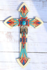 Rustic Southwest Indian Navajo Vector Feathers And Turquoise Rock Wall Cross