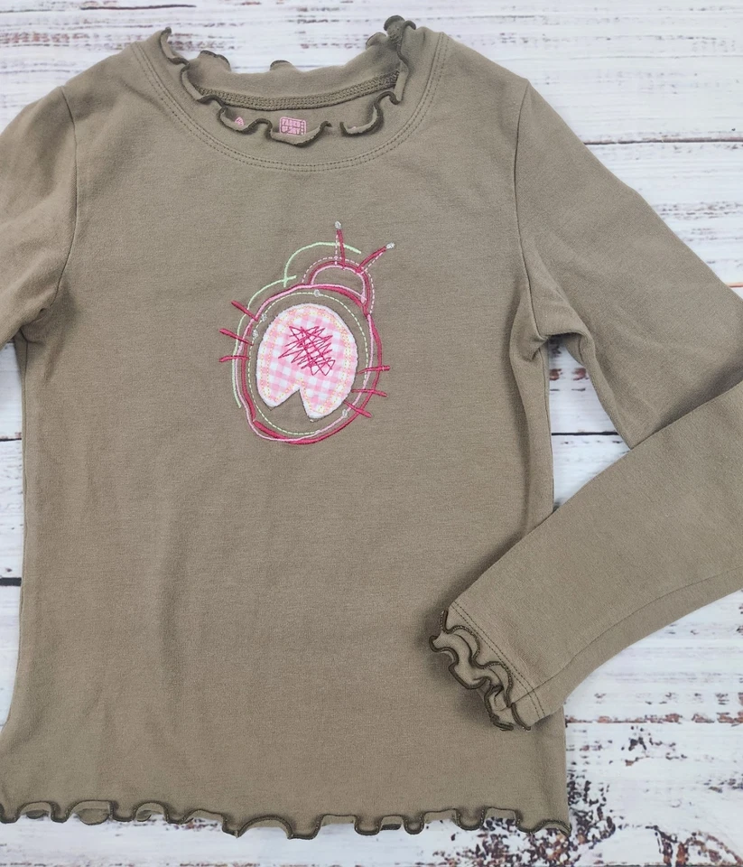 Y2K Faded Glory Girls Ruffle Trim Long Sleeve Top with Pink Gingham Bug – Size 6 - Image 1 of 4