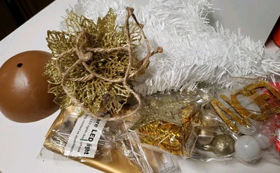 White Xmas Tree New 2ft. With Base And Ornaments Battery Operated Lights - Image 1 of 4