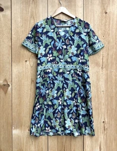 Tory Burch Garden Wisteria Short Sleeve Silk Floral Dress Sz Large 10 - Picture 1 of 7