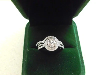 JUEGO DE ANILLOS DE BODA PLATA ESTERLINA (enchapado en rodio) CZ HALO ANILLO [7] Nuevo * OFERTA Foto 1 de 4