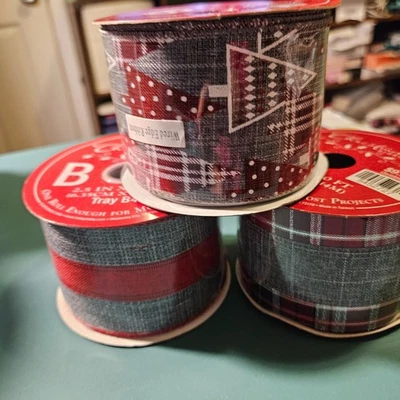 3 Rolls Christmas Ribbon 2.5 in x 30 feet, Misc Gray and Red - Image 1 of 2