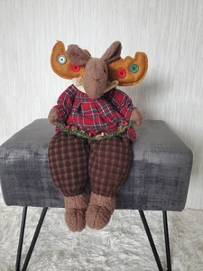 Vintage 90's Christmas Moose Plush Shelf Sitter Plaid Country Holiday Decor 19" - Picture 1 of 8