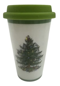 Spode Christmas Tree Ceramic Travel Coffee Tea Tumbler Mug Green Silicone Lid - Picture 1 of 4