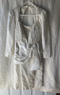 Vintage 80s USA Ivory Bow Back Backless Puff Shoulder Pencil Dress 6 - Image 1 of 4