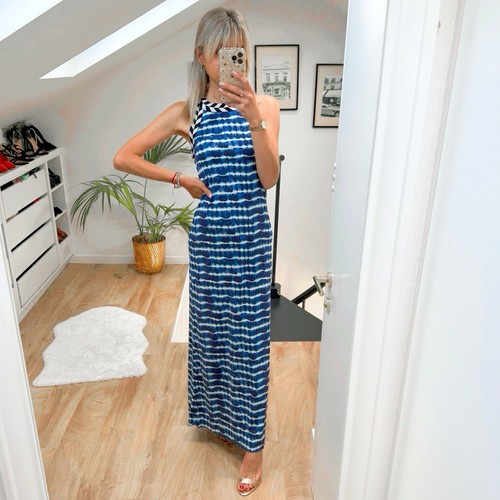 Maxi abito lungo midi Tory Burch blu bianco stampa tie dye con cintura senza maniche Xs