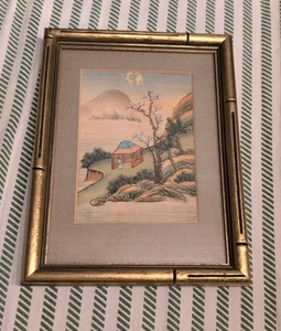 Schönes antikes asiatisches Landschaft Aquarell Gemälde gerahmt mattiert - Bild 1 von 9