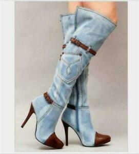 Womens Sexy Denim Over Knee Thigh Boots Stilettos High Heel Pointed Boots Magic