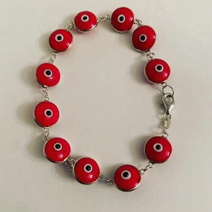 "Pulseras de buena suerte con cuentas de mal de ojo rojas de vidrio de plata esterlina 925 - 7,5" - Imagen 1 de 3