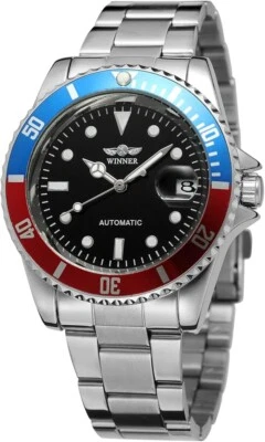 Mens Automatic Mechanical Watch Stainless Steel Waterproof Blue Red Bezel Luxury Foto 1 de 4