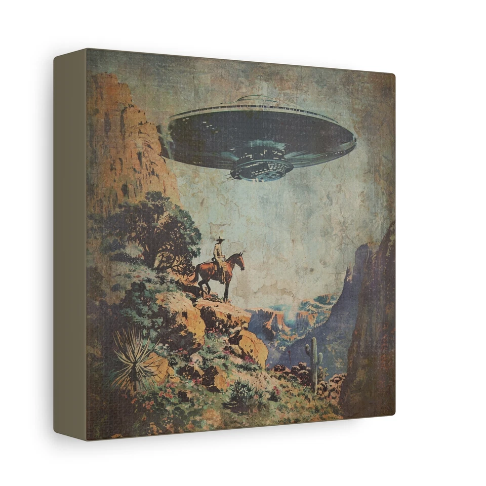 Arte de pared de lienzo estirado OVNI COWBOY, decoración de flores de cactus alienígena occidental de ciencia ficción Foto 1 de 4