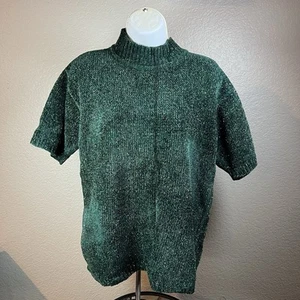 Vintage Erika & Co Green Shimmer Knit Sweater Top Short Sleeve Medium - Picture 1 of 13