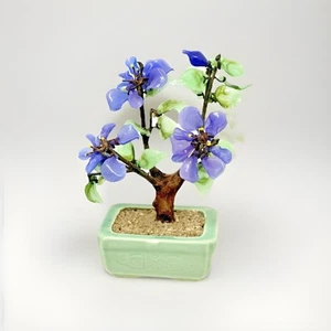 Vintage chinesischer Jade Stil Glas Bonsai Baum 7,5" hoch lila Kirschblüten - Bild 1 von 15