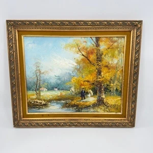 Vintage Romantic Autumn Oil Painting of a Victorian Couple in Ornate Gold Frame - Picture 1 of 13