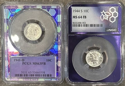 TWO (2) 1941 D MS63 FB PCGS & 1944 S MS64 FB NGC Silver Mercury Dime FULL BANDS - Image 1 of 4