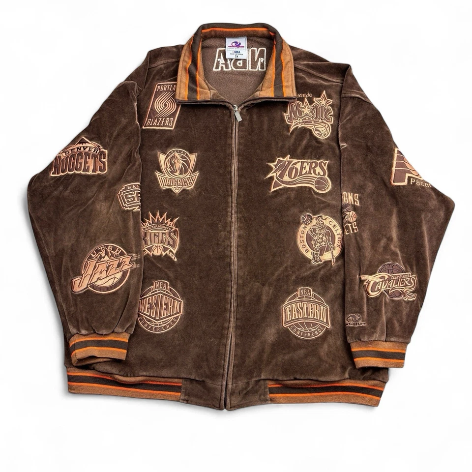 Vintage 90s NBA Velour Warm Up Jacket Mens 3XL Brown Embroidered Patch Hip Hop - Image 1 of 4