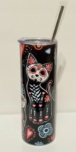 Vaso, tapa y pajita aislados de metal Day of the Dead Cat 20 oz - Imagen 1 de 7