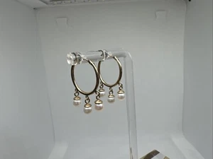 10K Gelbgold Creolen mit drei Perlentropfen zierlich & elegant, Mexiko - Bild 1 von 13