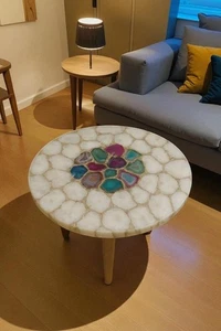 18" Agate Side Table Luxury Stone Round Accent Table for Living Room Bedroom Dec - Picture 1 of 9