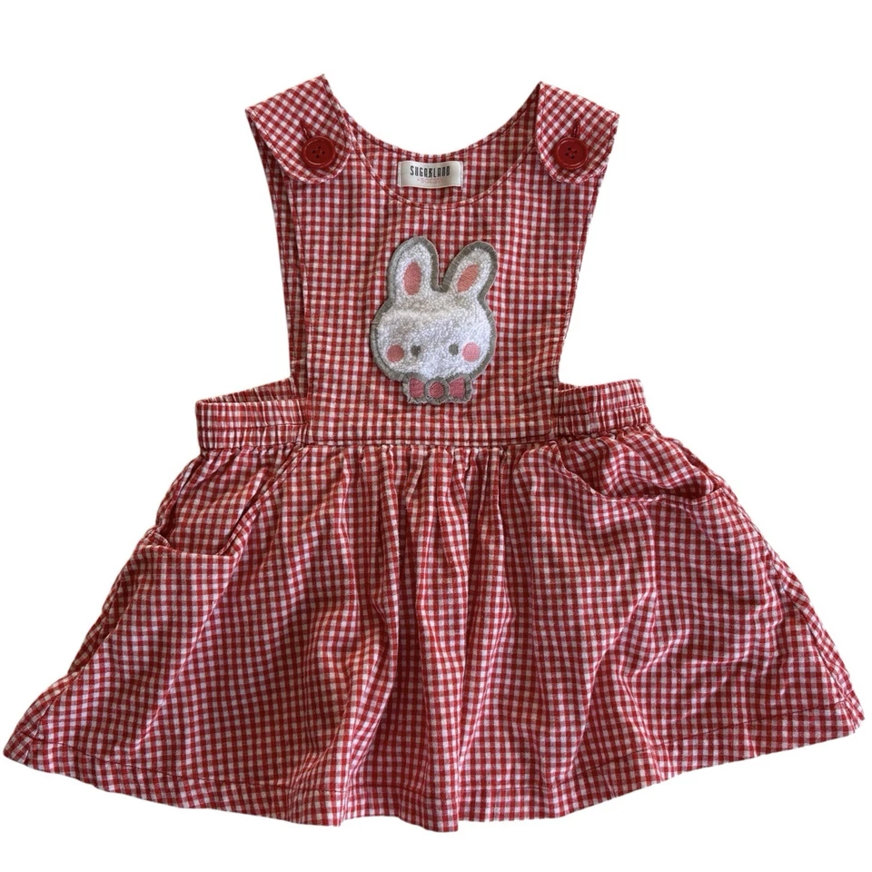 Delantal de guinga Sanrio Sugar Bunnies rojo blanco 90 cm 2T-3T algodón vintage Foto 1 de 4