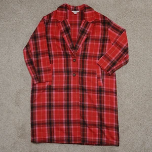 Old Navy Trench Coat Womens 2XL Red Plaid Window Long Slouchy Soft Brushed MINT - Picture 1 of 17