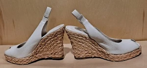 Banana Republic Genuine Ivory Leather Peep Toe Slingback Straw Woven Wedge Heels - Picture 1 of 15