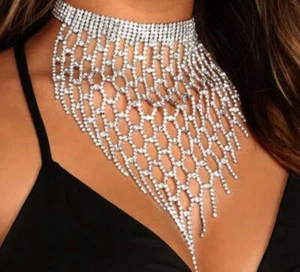 Lange Quaste Halskette Statement Bling Kristall großer klobiger Schmuck - Bild 1 von 6