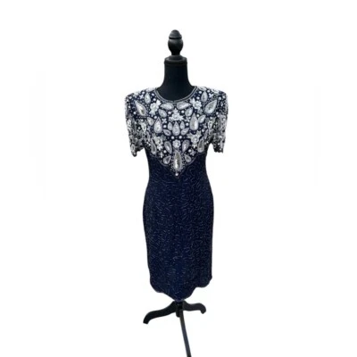 Vestido Vintage Laurence Kazar Años 80 100% Seda Azul Marino Cuentas/Adornado Talla L Foto 1 de 4