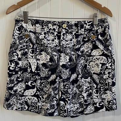 Lauren Ralph Lauren 短裤女式 6 码海军蓝白色佩斯利平前斜纹布  — 第 1/4 张图片