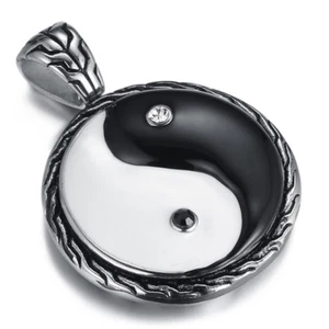 Titanium Steel Pendant Ying Yang with Rhinestone enamel blacken 25mm - Picture 1 of 2