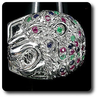 BAGUE EMERAUDE SAPHIR RUBIS LION Argent 925. - Photo 1/2