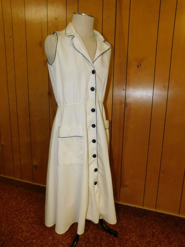 OFF WHITE Abito da giorno vintage anni 50 JAN SUE bianco panna con cotone nero vita 34"