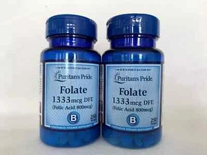 2 Bottles Puritan's Pride Folate 1333 mcg DFE (Folic Acid 800mcg) Made In USA - Picture 1 of 3
