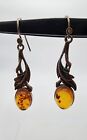 Sterling Silver 925 Natural Baltic Amber Cabochon Hook 1 1/2" Earrings Ag 22139