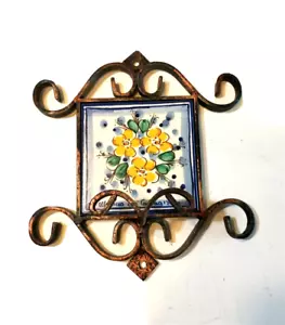 Vintage Sintopress Italian Ceramic Tile in Metal Scroll Hanger Floral Blue - Picture 1 of 10