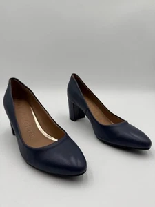 AEROSOLES Besty Navy Blue Leather Block Heel Pumps  Round Toe Shoes Size 7.5 - Picture 1 of 8