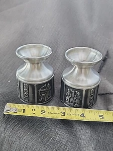 Norway HS Pewter Candle Holders Pair - Konge Tinn Nordic Viking Depictions - Picture 1 of 3