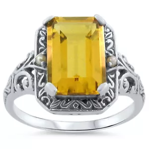 ANELLO STILE ANTICO ARGENTO STERLING 925 3,5 CT CREATO IN LABORATORIO CITRINO E PERLE 282z - Foto 1 di 2