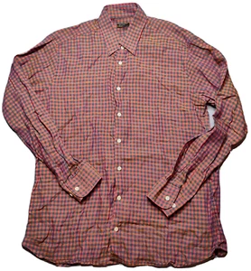 GITMAN BROS LINEN Men Large Orange Blue Yellow Check Made In USA Shirt - Picture 1 of 17