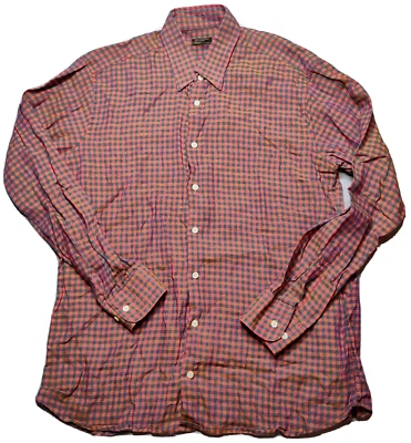 GITMAN BROS LINEN Men Large Orange Blue Yellow Check Made In USA Shirt - Image 1 of 4