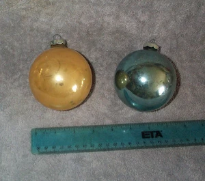 2 Large Shiny Brite Glass Christmas Ornaments Aprx 3.3" Diam, Made USA Blue Gold - Picture 1 of 3