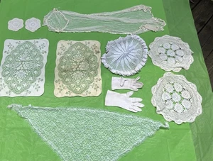 Vintage Schleier Mütze mit Blumen Schal Deckchen Herzstück 2 Handschuhe passen nicht - Bild 1 von 9
