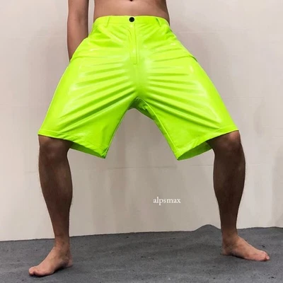 Pantalones Cortos Sueltos de Cuero Sintético para Hombres Brillantes Metálicos Aspecto Húmedo Medio Pantalones Punk Pantalones Foto 1 de 4