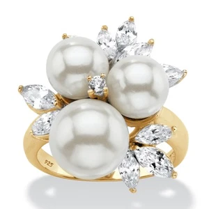 1.84 Cttw. Round 14k Gold-plated Silver Simulated Pearl and CZ Cluster Ring - Picture 1 of 5
