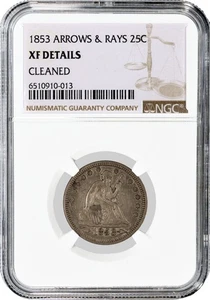 1853 Arrows & Rays 25C Seated Liberty Quarter Silver NGC XF Detail Cleaned Coin - Picture 1 of 4