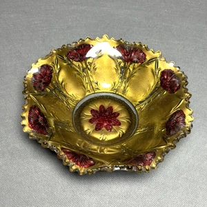 Antike Goofus Glas 10" überbackene Schale um 1900 kalt bemalt Gold über roten Blumen - Bild 1 von 8