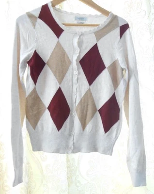 Cárdigan suéter de algodón VanHeusen beige patrón argyle ribete de vieira para mujer S/P Foto 1 de 4