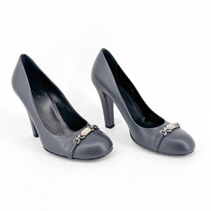 Gucci Chain Logo Pumps Size 37 US 7 Navy Blue Leather High Block Heel Court Shoe - Picture 1 of 14