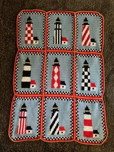 Handmade Nautical Theme Multicolored Lighthouse Patten Crochet Throw Blanket - Picture 1 of 12